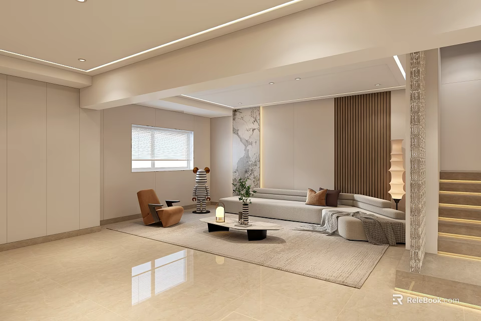 Soft Beige Modern Living Room With Comfortable Sectional Sofa And Elegant Minimalist Home Decor 3d model 