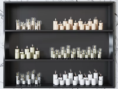 Decorative Candle Lamps Arranged On Black Shelf With Various Styles And Sizes 3d model
