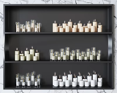 Decorative Candle Lamps Arranged On Black Shelf With Various Styles And Sizes 3d model