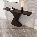 Modern Minimalist Console Table With Dark Wood Design Table Lamp Decorative Painting And Striped Wall