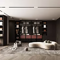 Modern Walk In Closet Interior Design With Dark Cabinets Open Hanging Space And Curved Seating
