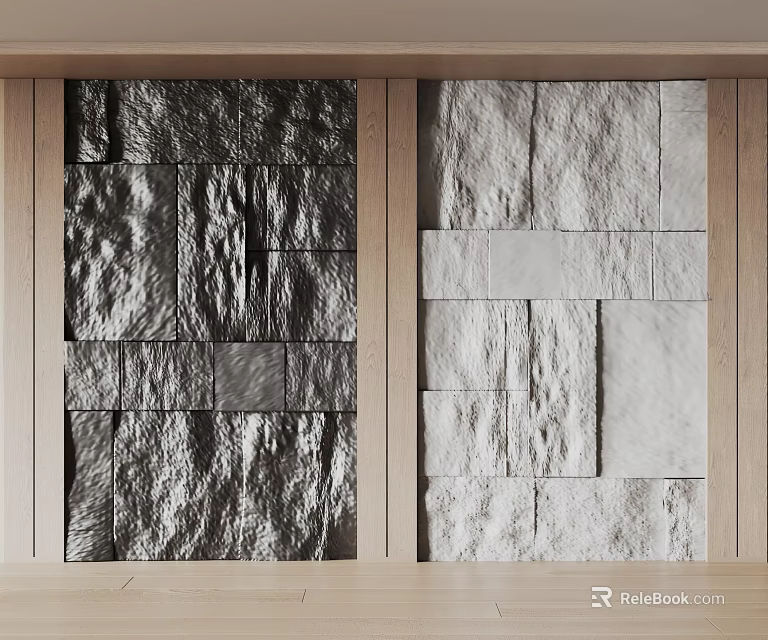Dark And Light Stone Texture Feature Wall With Wooden Frame Interior Design 3d model