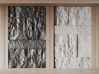 Dark And Light Stone Texture Feature Wall With Wooden Frame Interior Design 3d model