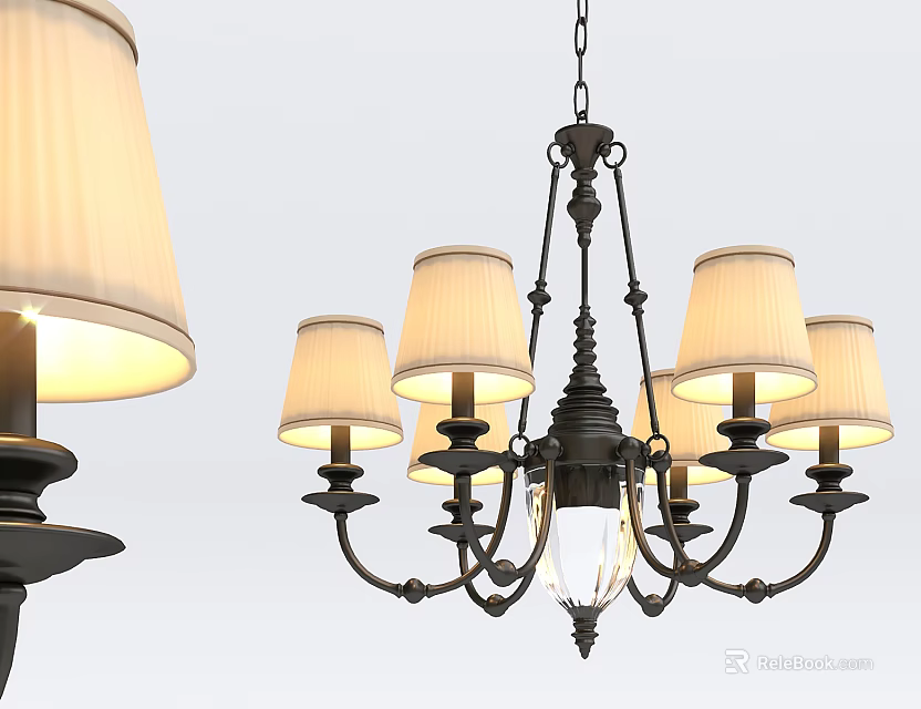 Classic Fabric Chandelier With Beige Lampshades And Dark Metal Frame Design 3d model 
