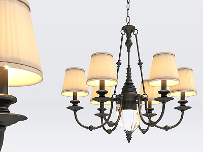Classic Fabric Chandelier With Beige Lampshades And Dark Metal Frame Design 3d model