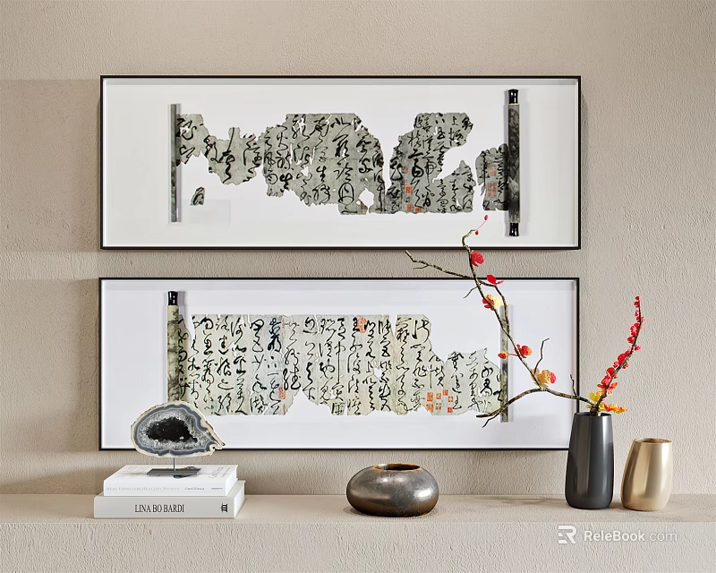 Stylish Wall Art Decor with Calligraphy Prints Flower Branches Vase and Book Ornaments 3d model 