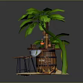 Tropical Island Bar Counter with Wooden Barrel Design Wine Bottles Glasses Palm Leaves and Stools