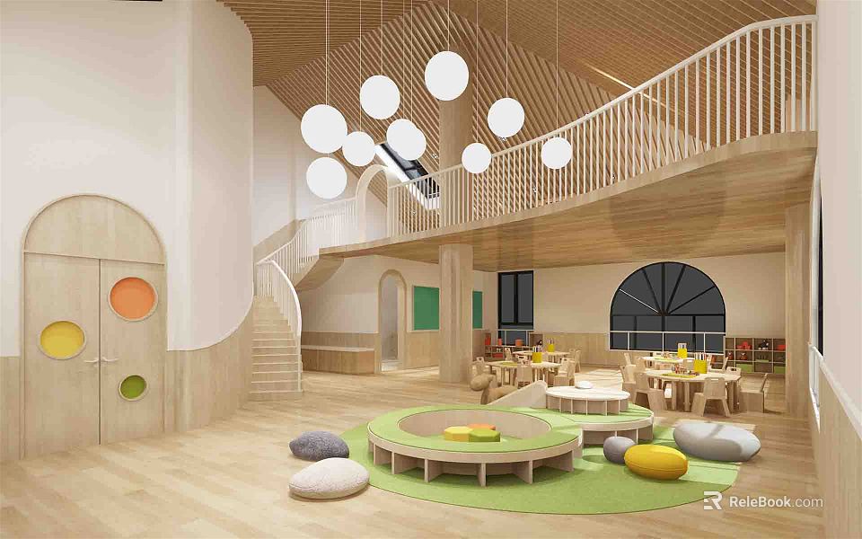 Warm Kindergarten Interior With Wooden Staircase Round Pendant Lights And Colorful Activity Area 3d model 