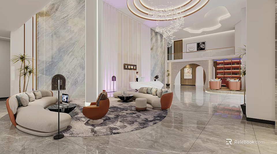 Modern Elegant Shop Front Desk With Marble Wall Chandelier Sofa Rug And Bookshelf 3d model 