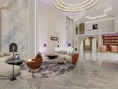 Modern Elegant Shop Front Desk With Marble Wall Chandelier Sofa Rug And Bookshelf 3d model