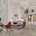 Modern Elegant Shop Front Desk With Marble Wall Chandelier Sofa Rug And Bookshelf