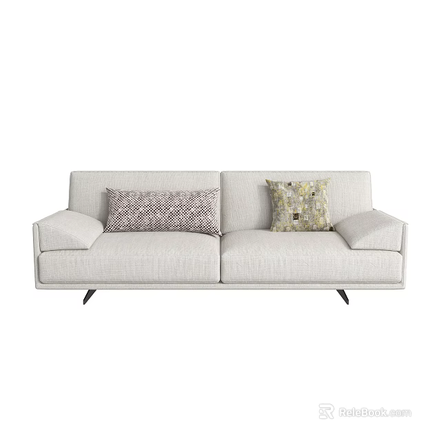 Modern Light Gray Fabric Two Seater Sofa With Patterned Pillows And Black Slim Legs 3d model