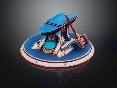 Ornamental Decorative Item With Blue Open Lid Red Handle Circular Base And Glass Center 3d model