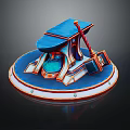 Ornamental Decorative Item With Blue Open Lid Red Handle Circular Base And Glass Center