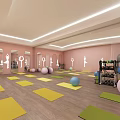 Modern Gym Interior With Fitness Equipment Hexagon Pendant Lights Black Floors Yellow Markings