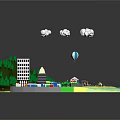 Vibrant Cartoon Island Scene With Green Hills Trees Buildings Roads Beach And White Clouds
