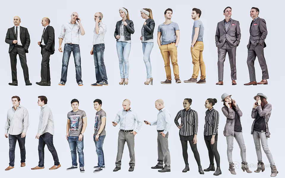 Group Of Diverse People With Different Outfits And Poses Standing Together 3d model 