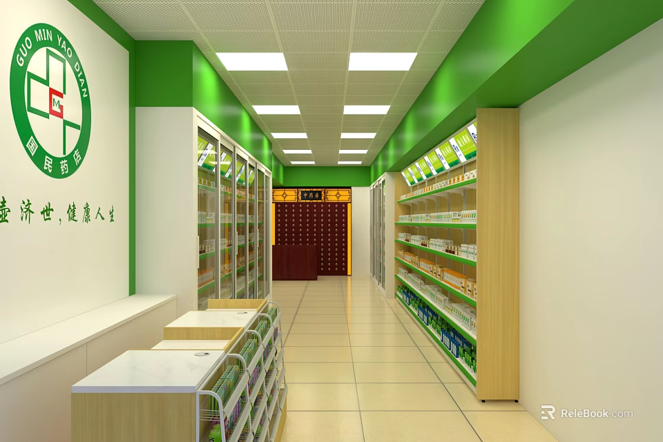 Modern Health Retail Shop Interior With Green White Decor Glass Display Cases And Product Shelves 3d model 
