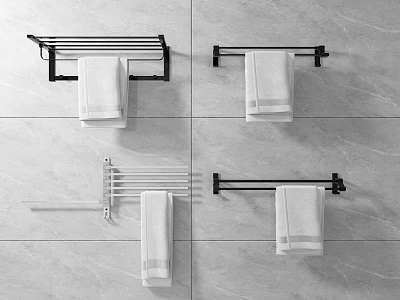 Modern Bathroom Accessories Towel Racks With White Towels On Gray Tiled Walls 3d model