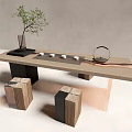 Modern Minimalist Tea Table and Chairs with Natural Wood Tea Set and Green Plant