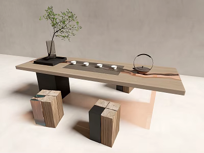 Modern Minimalist Tea Table and Chairs with Natural Wood Tea Set and Green Plant 3d model