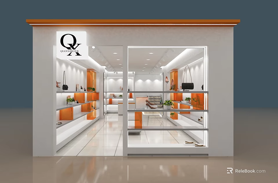 Bright Modern Specialty Store With White Exterior Glass Windows Displaying Handbags And Shoes 3d model 