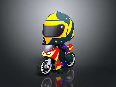 Cartoon Style Game Movie Character With Yellow Green Helmet Riding Red Yellow Motorcycle 3d model