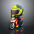 Cartoon Style Game Movie Character With Yellow Green Helmet Riding Red Yellow Motorcycle