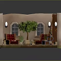 Cozy Indoor Reading Nook Interior With Bookshelves Red Armchairs Green Plant Rug And Lantern