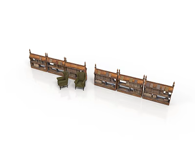 Traditional Wooden Bookshelves With Green Accent Chairs For Home Library Furniture 3d model