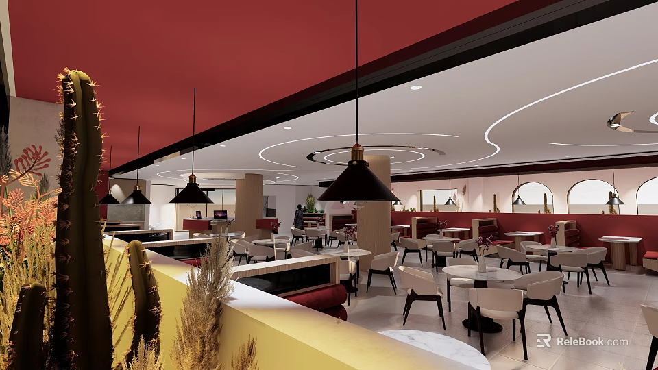 Modern Restaurant Interior With Red Ceiling Black Pendant Lights And White Tables 3d model 