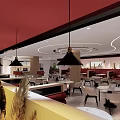 Modern Restaurant Interior With Red Ceiling Black Pendant Lights And White Tables