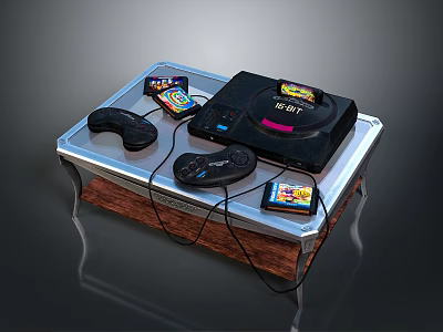 Vintage Gaming Console With Dual Controllers And Game Cartridges On Table 3d model