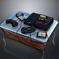 Vintage Gaming Console With Dual Controllers And Game Cartridges On Table 3d model
