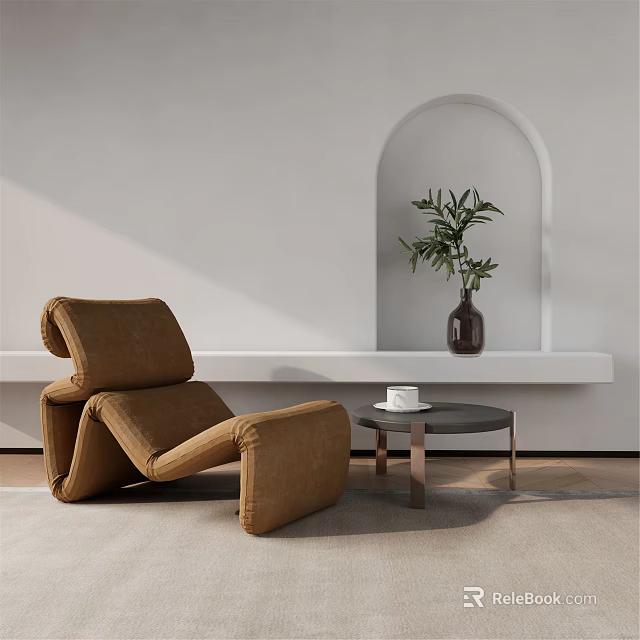 Brown Lounge Chair with Side Table in Room Featuring White Wall Arched Niche and Plant 3d model 