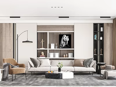 Modern Living Room With Beige Sofa Coffee Table Set Armchair And Decorative Painting 3d model