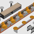 Modern Table and Chair Set with Orange Seats Gray Tables and Wooden Bench
