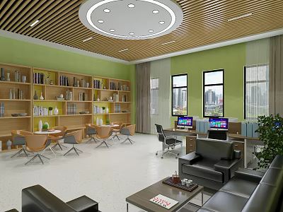 Modern Office Space with Green Walls Wooden Bookshelves Computers Sofa and Windows 3d model
