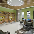 Modern Office Space with Green Walls Wooden Bookshelves Computers Sofa and Windows