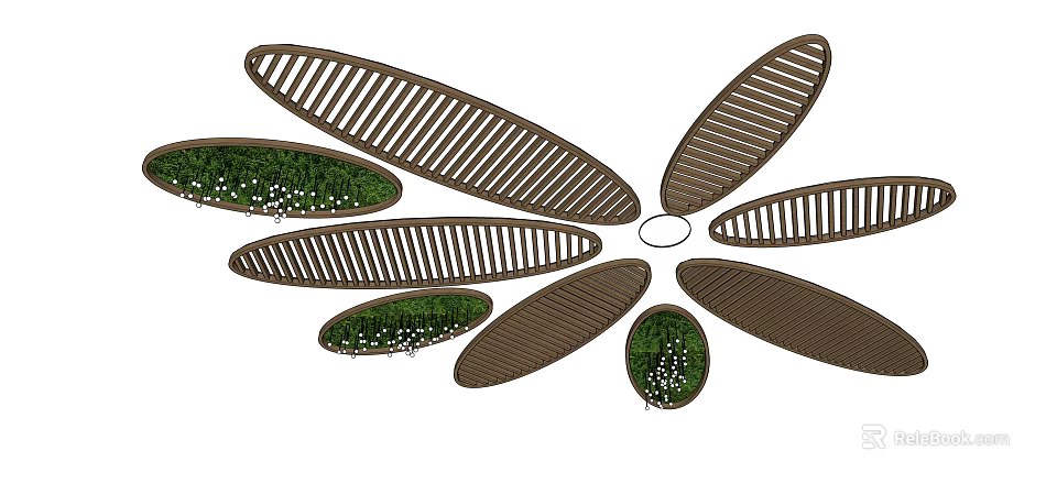 Decorative Ceiling Design with Leaf Shaped Wooden Panels and Green Plants 3d model 