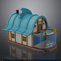 Cartoon Style House With Blue Wave Roof White Walls Brown Door And Small Pool With Plants
