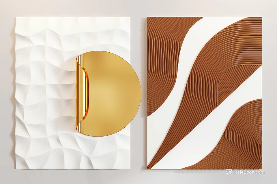 Decorative Wall Art With Textured Patterns White Base Golden Circle And Brown White Waves 3d model 