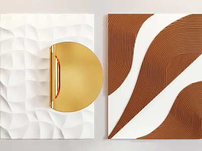 Decorative Wall Art With Textured Patterns White Base Golden Circle And Brown White Waves 3d model