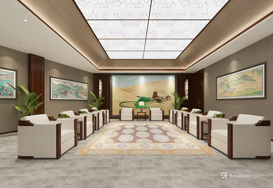 Spacious Hotel Public Lounge With Elegant Sofas Patterned Rug Intricate Ceiling Design And Decorative Paintings 3d model 