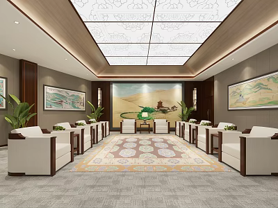 Spacious Hotel Public Lounge With Elegant Sofas Patterned Rug Intricate Ceiling Design And Decorative Paintings 3d model