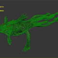 Green Mythical Creature With Multiple Limbs Red Fins Sharp Teeth And Glowing Features 3d model