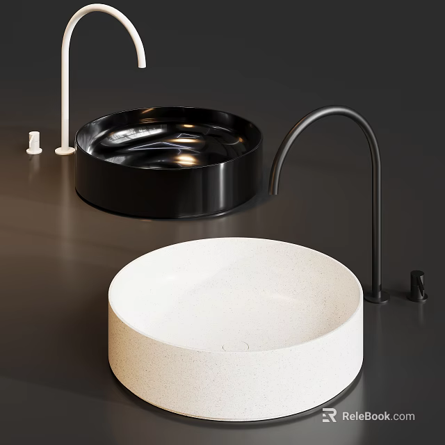 Round Black And White Washbasins With Black Faucet And White Accessories 3d model 