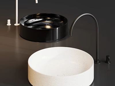 Round Black And White Washbasins With Black Faucet And White Accessories 3d model