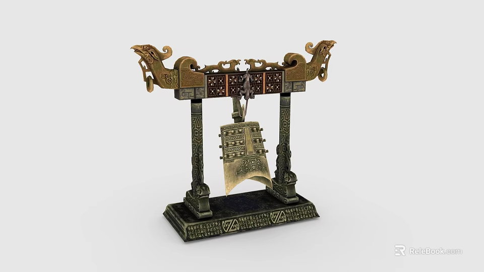 Ancient Chinese Bronze Chime Bell With Dragon Shaped Decorations Ornate Base And Intricate Carved Patterns 3d model 