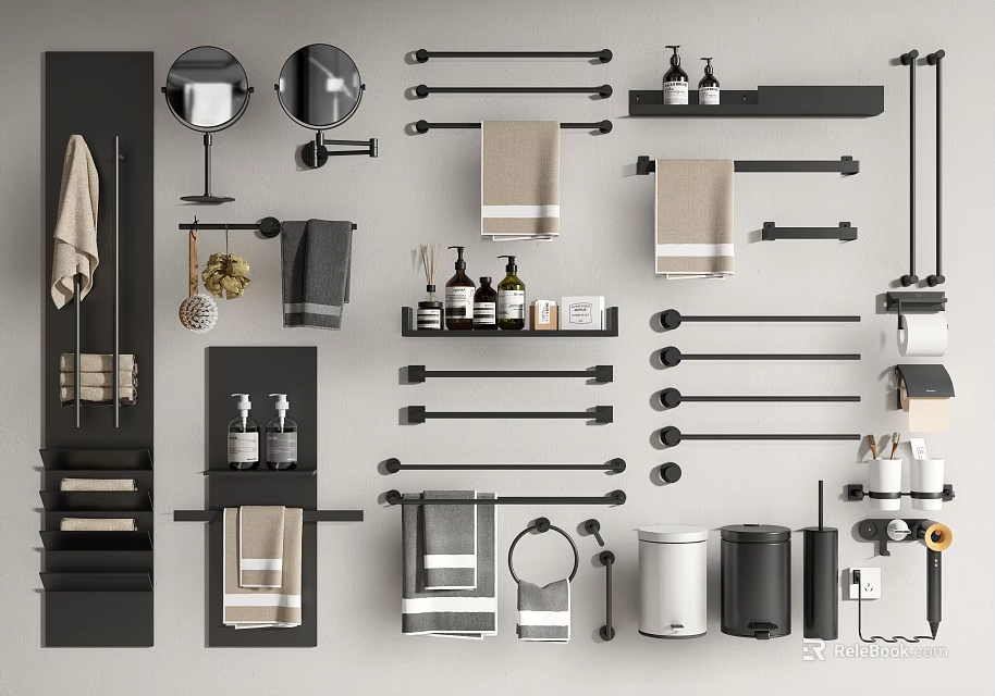 Modern Bathroom Accessories Set With Towel Racks Mirrors Soap Dispensers Trash Bins And Toilet Brushes 3d model 